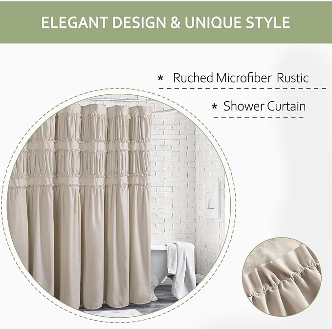 Ruched Ruffled Shower Curtain 72" W x 72" H, Beige Microfiber Rustic Decorative Bath Curtain for Bathroom, Farmhouse and Boho Bathroom Décor, Machine Washable (LQ-38)