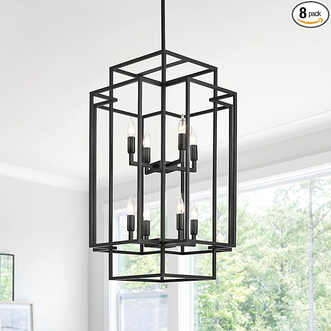 Black Farmhouse Modern Chandelier, 8-Light Tiered High Ceiling Chandeliers, Foyer Lighting Fixtures, Industrial Hanging Metal Lantern Pendant Light, for Livin Room,Entryway,Staircase,Hallway