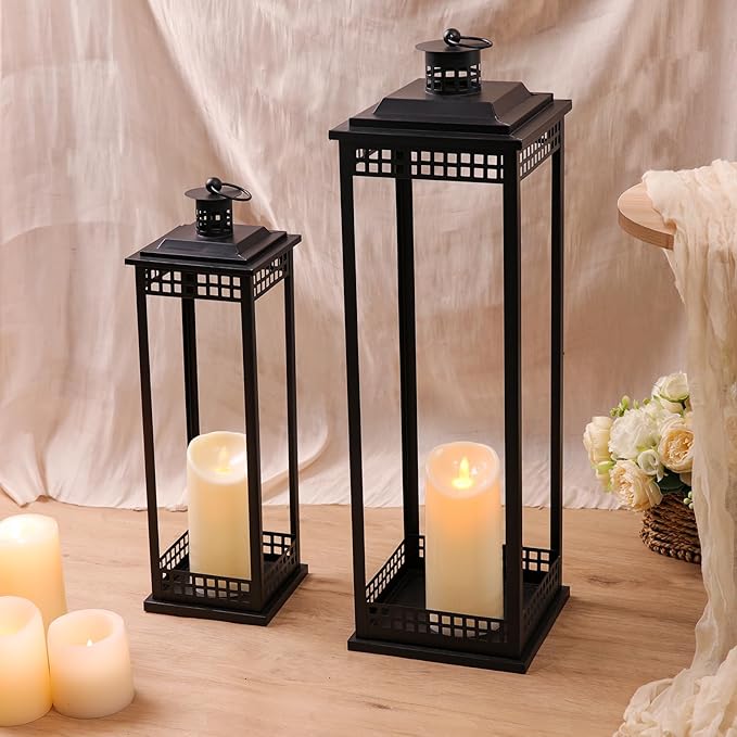 Vintage Lanterns Decorative Outdoor Indoor, 23'' 17'' Set of 2 Black Metal Candle Lantern, Lantern Decor for Retro Living Room, Patio, Fireplace, Porch, Garden, Balcony, Wedding Floor Lantern