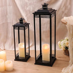 Vintage Lanterns Decorative Outdoor Indoor, 23'' 17'' Set of 2 Black Metal Candle Lantern, Lantern Decor for Retro Living Room, Patio, Fireplace, Porch, Garden, Balcony, Wedding Floor Lantern