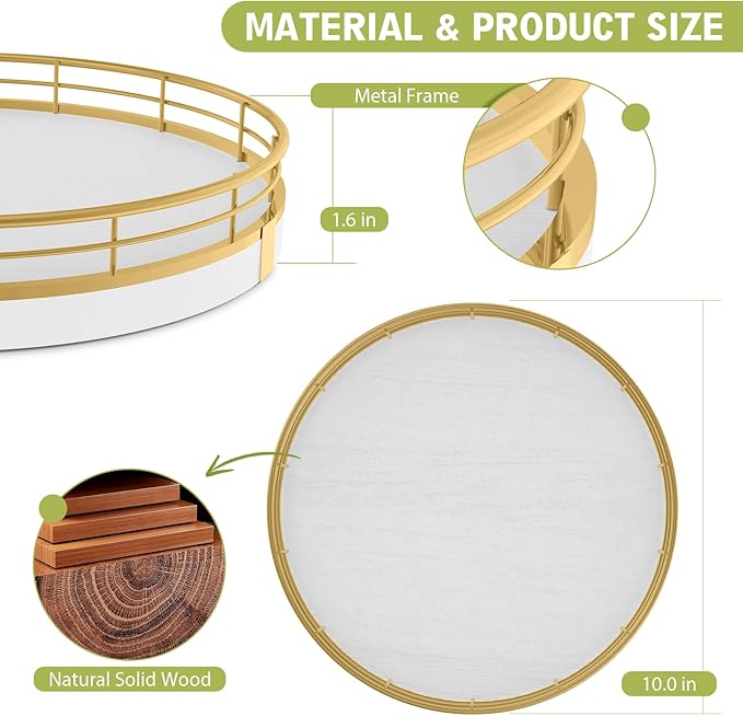Bathroom Vanity Tray Wood - 10" Round Bathroom Tray Countertop, Holds Perfume Soap Dispenser Cosmetics Key Trinket Ring - Decor Counter Tray for Kitchen Nightstand Entryway, White and Gold