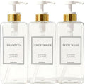 Modern Gold Design 27 oz Shampoo and Conditioner Dispensers - Plastic Refillable Pump Bottle Set for Bathroom Shower Soap Dispenser, Gift Box Included, Set of 3 (Clear & White)