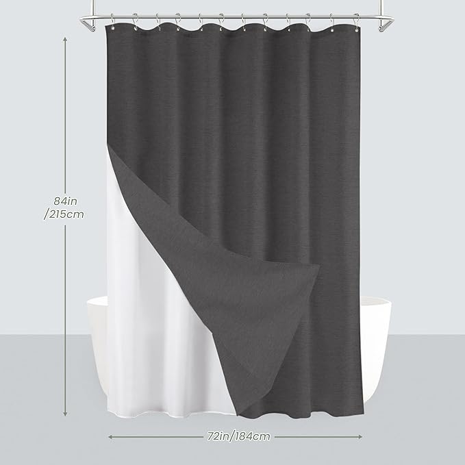 Inhousolu Boho Farmhouse Shower Curtain with Fabric Liner Set, Faux Linen Textured, 14 Metal Hooks Luxury Weighted Hem, Washable Wrinkle Free Bath Curtain for Hotel Bathroom 72"W x 84"L Graphite Grey