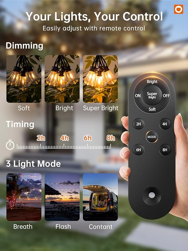 addlon 54FT(48+6) Solar String Lights Outdoor Waterproof with USB Port & Remote Control Dimmable Solar Patio Lights IP65 Solar Powered Edison LED Bulbs for Outside Bistro Camping