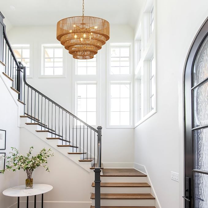 25.6" Large Rattan Chandelier Vintage 8-Lights Farmhouse Boho Hand-Woven Bamboo Chandelier Light Fixture Retro Drum Wicker Golden Chandeliers for Dining Room, Kitchen, Bedroom, E12
