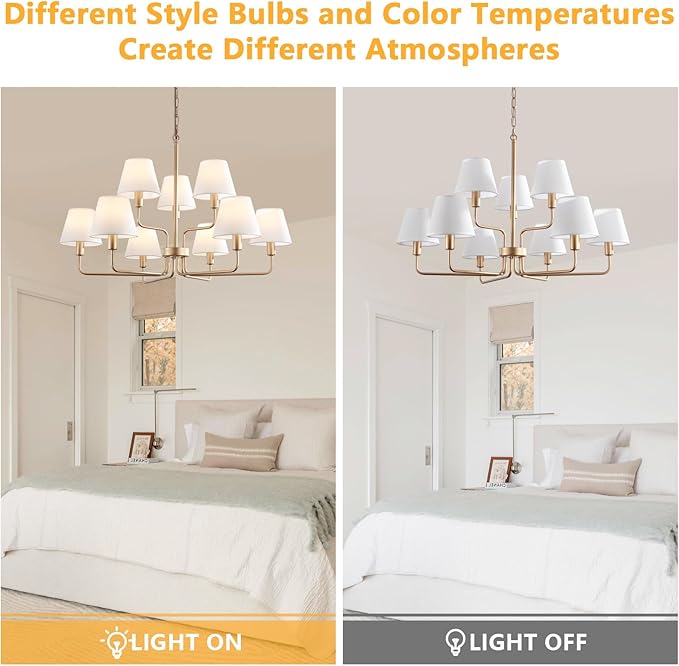 9-Light Gold Chandelier Light Fixture with White Fabric Shades, 33 inch Modern Farmhouse Dining Room Light Fixtures, 2 Tiered Lantern High Ceilings Pendant Light for Foyer Entryway Living Room Kitchen