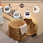 Vintage Woven Storage Basket with Scalloped Lid - Handwoven Water Hyacinth Laundry Hamper for Clothes, Blankets, Toys Organizing - Natural Wicker Basket with Lid (Small Round)