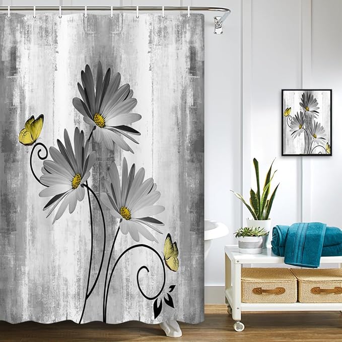 Rustic Farmhouse Shower Curtain, Farm Gray Grey Daisy Floral Flowers and Butterfly on Country Wooden Shower Curtain for Bathroom, Gray White Yellow Shower Curtain with 12PCS Hooks, 47X64IN