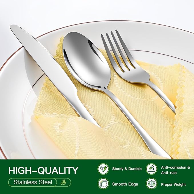 24 Pcs Silverware Set with Steak Knives Service for 4,Stainless Steel Flatware Set,Mirror Polished Cutlery Utensil Set,Home Kitchen Eating Tableware Set,Include Fork Knife Spoon Set (24, Silber)