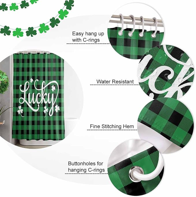 St. Patrick's Day Buffalo Plaid Shower Curtain, Lucky Shamrocks Clover Shower Curtains Set with Hooks, Rustic Green Black Waterproof Fabric Bathroom Curtains Decor Home Accessories,72X 96 Extra Long
