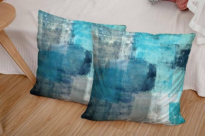 CAPSCEOLL Turquoise and Grey Art Artwork Throw Pillow Covers,Decorative Throw Pillow Covers 16 X 16 Inches Set of 2 Pillow Cases Decorative,Abstract Oil Painting Pillowcases for Bedroom,Living Room
