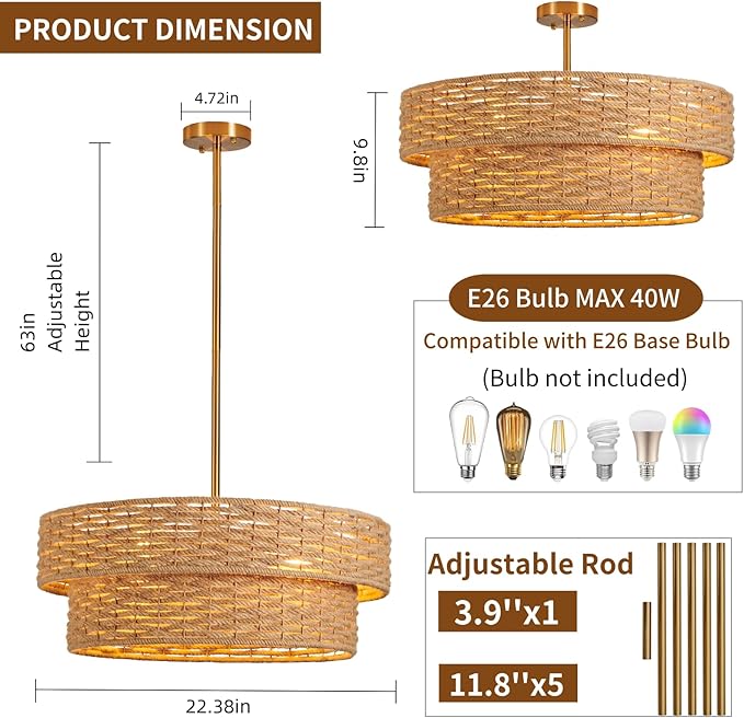 22.8in Woven Rattan Lighting Fixture, Large Boho Coastal Pendant Lights, 2-Tier Rope Chandelier with Fabric Shade for Kitchen Island, Dining Room, Bedroom, Restaurant, Hallway
