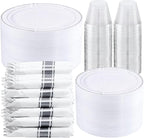 WELLIFE 350-Piece Silver Plastic Dinnerware Set - Disposable 10.25" Dinner Plates, 7.5" Dessert Plates, 9oz Silver Rim Cups & Cutlery for Weddings - 50 Guest Service - Elegant Disposable Silverware