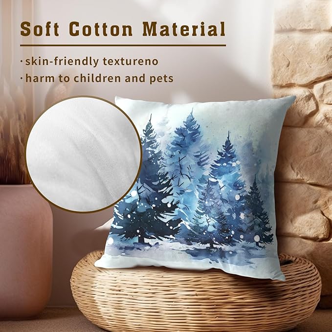 Christmas Throw Pillow Covers 18x18 Set of 2, Rustic Winter Blue Trees Snows Pine Forest Farmhouse Decorative Pillow Cases Cotton Cushion Cover for Home Sofa Couch Decor