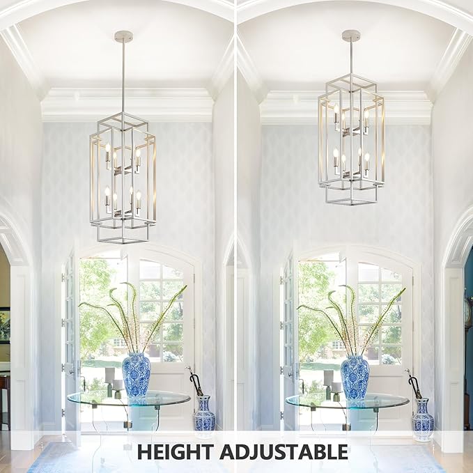 Sliver Foyer Chandelier High Ceiling: Modern 8-Light Farmhouse Lantern Chandeliers for Entryway Industrial Large Pendant Light Fixtures for Entry Staircase Hallway Dining Room Kitchen Island