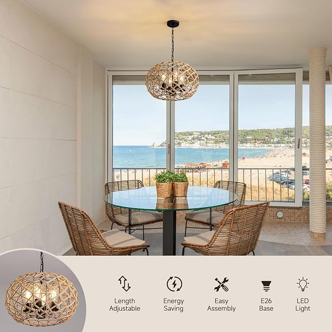 19" Rattan Farmhouse Chandelier Light Fixtures,4-Light Boho Rattan Chandelier for Dining Room Large Hand Woven Pendant Light Hanging Light Fixtures with Fabric Shade for Living Room Bedroom Kitchen