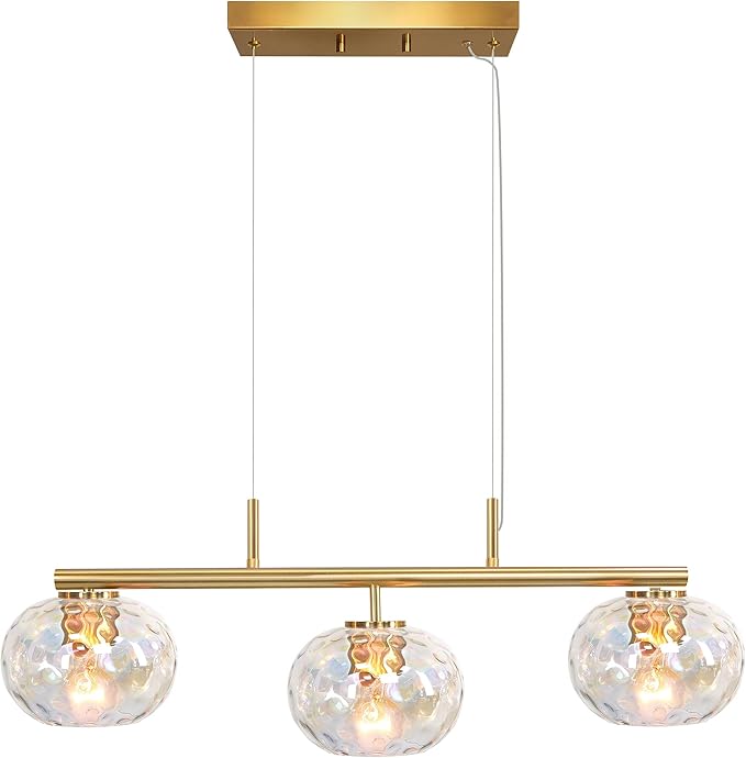 Brushed Brass Gold Chandelier Light Fixture with 7" Stained Glass Shade, 30" W Modern Pendant Lighting for Kitchen Island Dining Room