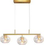 Brushed Brass Gold Chandelier Light Fixture with 7" Stained Glass Shade, 30" W Modern Pendant Lighting for Kitchen Island Dining Room