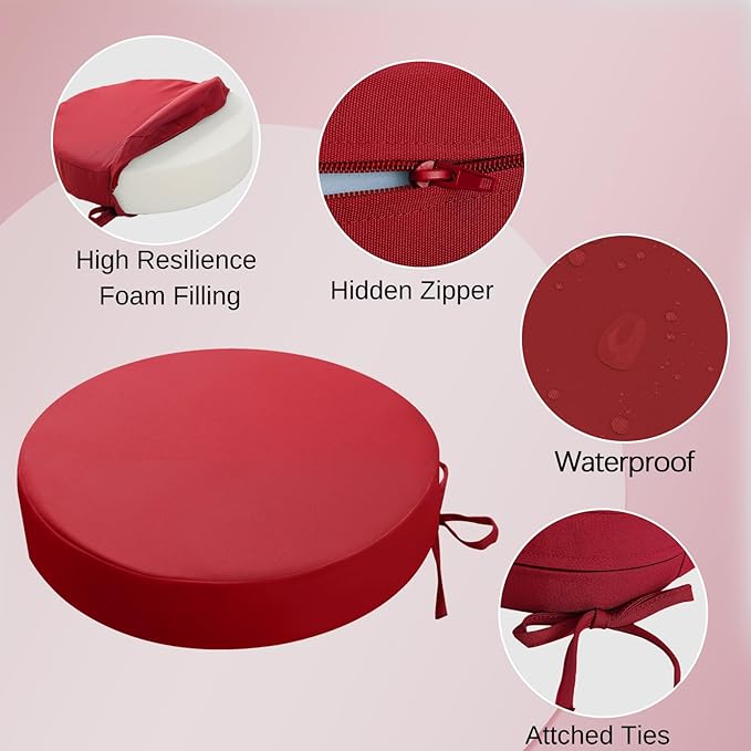 idee-home Outdoor Bistro Chair Cushions, 15”x15”x 3” Thick Outdoor Round Seat Cushions Set of 4 with Ties, Waterproof Round Patio Furniture for Garden