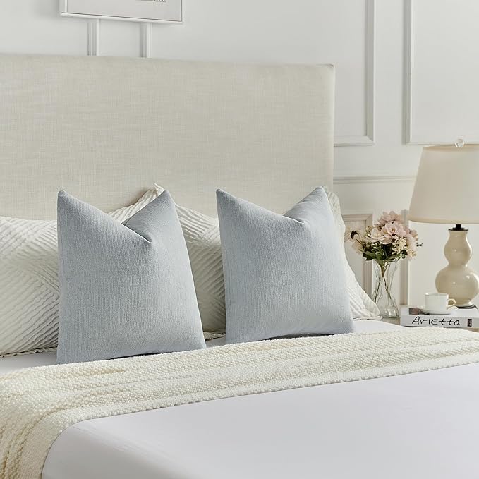 FUTEI Dusty Blue Chenille Decorative Throw Pillow Covers 24x24 Inch Set of 2,Soft Cozy Faux Linen Textured European Pillow Shams,Farmhouse Home Decor for Couch Living Room