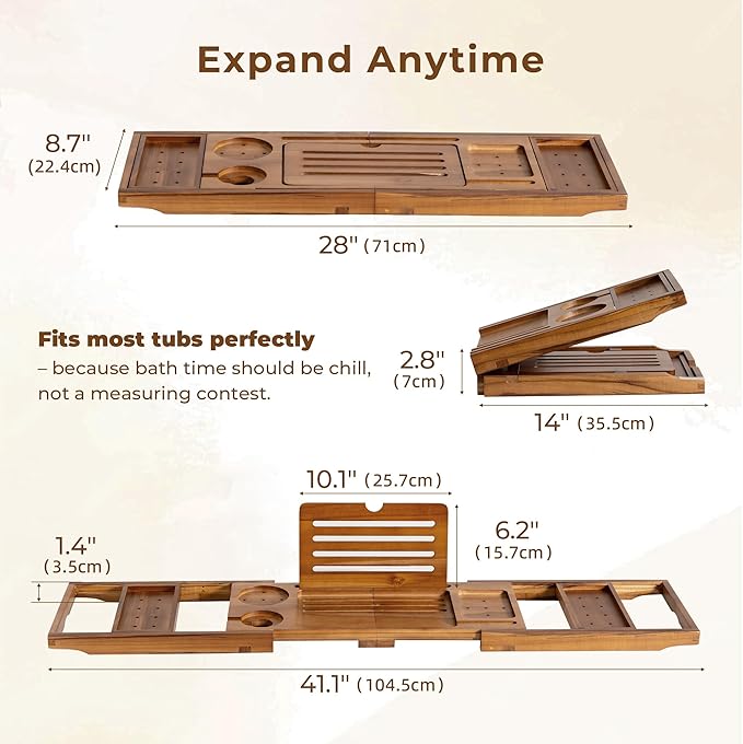Teak Bathtub Tray Expandable Bathroom Tray for Home Spa Relaxation, Wooden Tray Caddy for Bathtub, Teak Bathtub Caddy as Unique Housewarming, Birthday, Wedding Shower Gifts (Natural Teak)