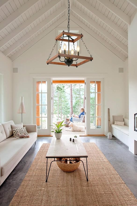 Farmhouse Walnut Chandelier with Chain,16 Inch Modern Geometric Rustic Vintage Hanging Pendant Ceiling Light Fixture for Dining Room Bedroom Kitchen Island Hallway Foyer Entryway