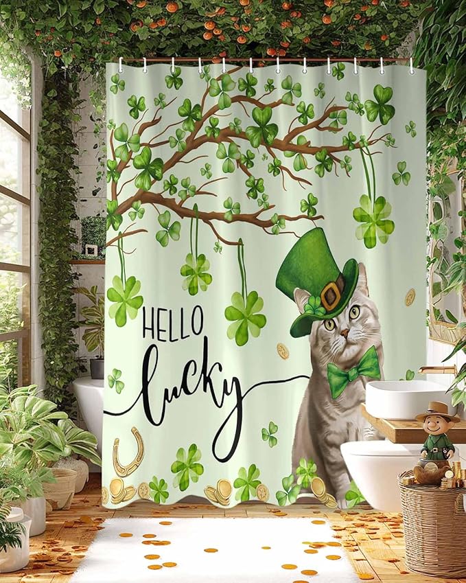 Vandarllin Lucky Cat St. Patrick's Day Shower Curtain, Green Spring Shamrocks Tree Shower Curtains Set with Hooks, Waterproof Fabric Bathroom Curtains Decor Home Accessories,72X 96 Inch Extra Long