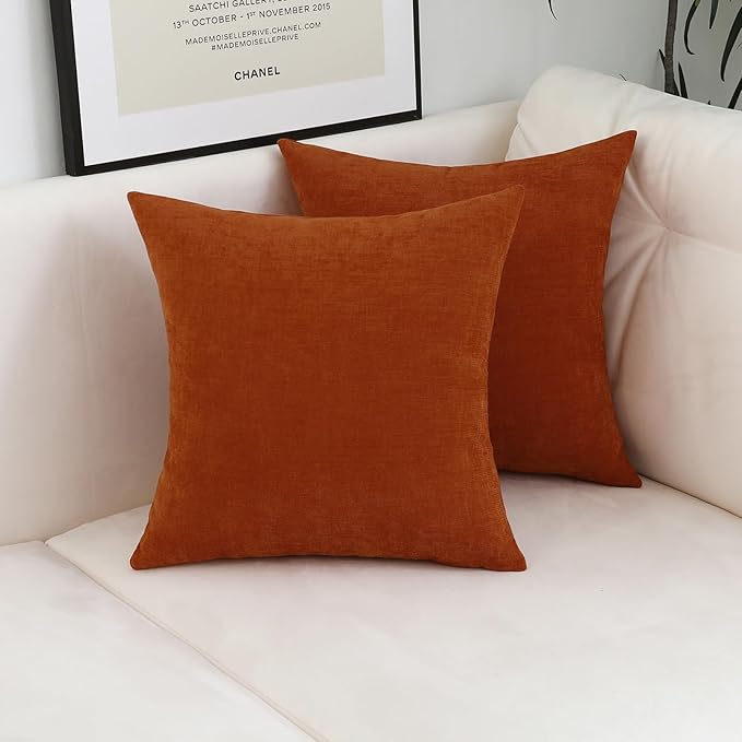 Jeneoo Burnt Orange Decorative Throw Pillow Covers Soft Chenille Comfy Square Rust Couch Cushion Cases Decor (Set of 2, 16 x 16 Inches)