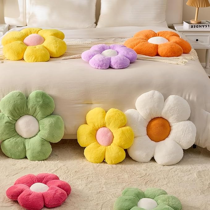 3 PCS Flower Pillows Flower Shaped Throw Pillow Cute Daisy Pillows Seating Cushions for Adults Kids Home Bedroom Sofa Chair Couch Decor (White/Pink/Purple, 15.74 inch)