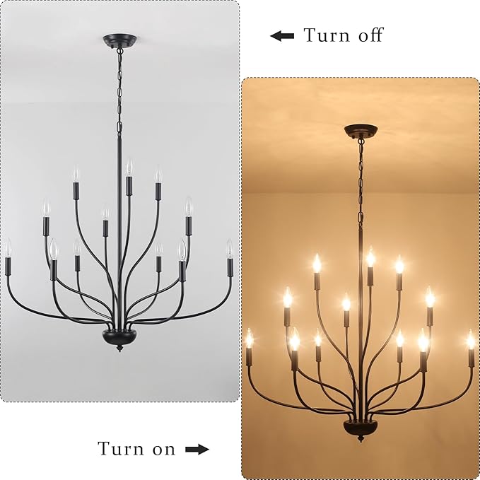 12-Lights Black Farmhouse Chandelier for Dining Room, 34 Inch Large Chandeliers for High Ceilings Foyer Modern Pendant Light Fixture for Living Room Entryway Hallway Kitchen Island E12
