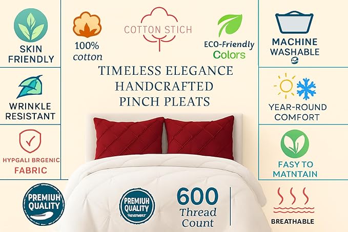 COTTON STICH Pinch Pleated Queen Pillow Shams Set of 2- Burgundy 600 Thread Count Super Soft Pinch Pillow Shams 100% Egyptian Cotton Decorative Pillow Covers Set (Burgundy, Queen 20X30)