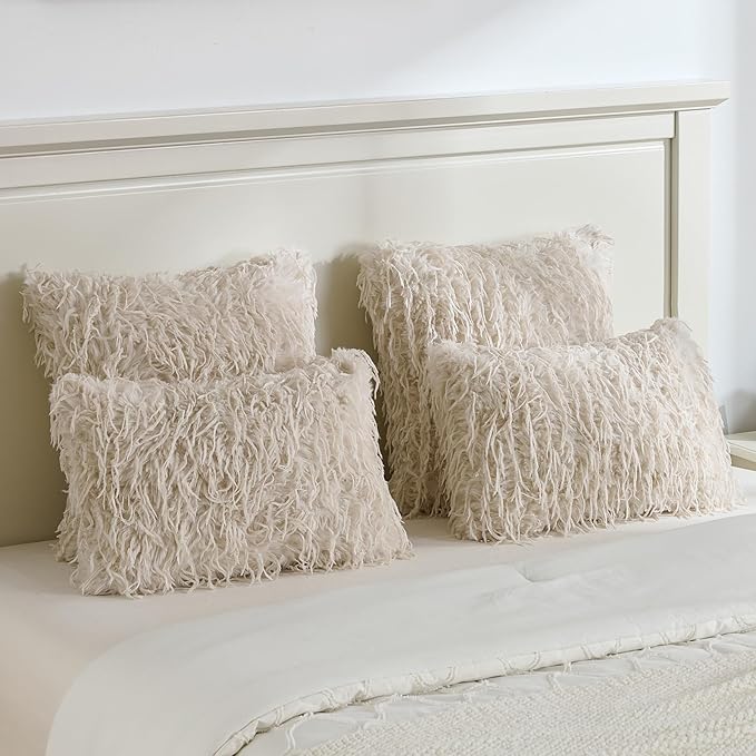 FUTEI Beige Decorative Throw Pillow Covers 12x20 Inch Set of 2,Soft Fluffy Faux Feather Texture Lumbar Pillow Cases,Modern Home Luxury Decor for Couch Bed Living Room