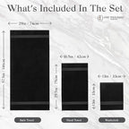 Premium Staple Cotton Bathroom Towel Set - Black 600 GSM 6-Piece Luxury Bath Towel Set 1 Stripe - 2 Bath Towels, 2 Hand Towels & 2 Washclothes Set - High Absorbent & Quick Dry for Gym, Spa, Hotel