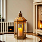 LED Hexagon Lantern with Flameless LED Candle, Unique Shape and Pattern to Give an Upscale Garden Party Vibe. Suitable for Home & Outdoor Usage or Wedding.Battery Powered (Beige)