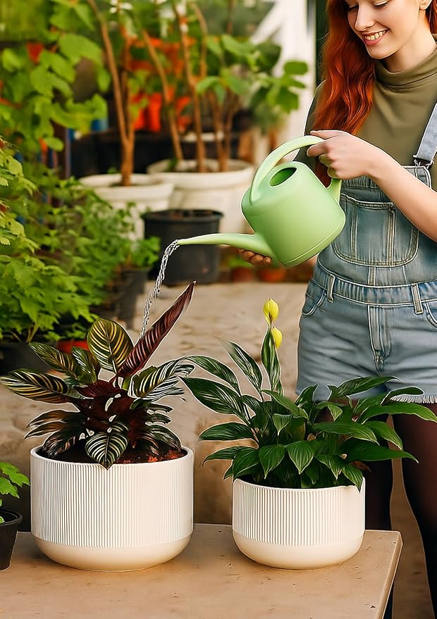 Ceramic Planters - 10+12 Inch Large Pots for Indoor & Outdoor Plants, Modern Flower Pots with Drainage Holes and Self Watering Devices, House White Big Plant Pot, Set of 2