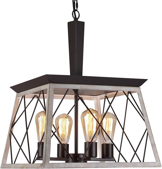 Q&S Farmhouse Vintage Chandelier, Rustic Pendant Light,Industrial Hanging Light Fixture for Dining Room Kitchen Island,Wrought Iron,ORB+Oak White 4 Lights E26 UL Listed