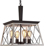 Q&S Farmhouse Vintage Chandelier, Rustic Pendant Light,Industrial Hanging Light Fixture for Dining Room Kitchen Island,Wrought Iron,ORB+Oak White 4 Lights E26 UL Listed