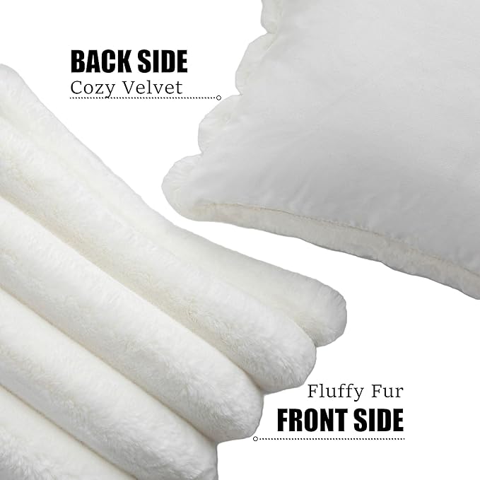 Neelvin Cream White Faux Fur Cozy Soft Striped Decorative Throw Pillow Covers 26x26 inch Set of 2,Velvet Pillowcase Cushion Case for Sofa Couch