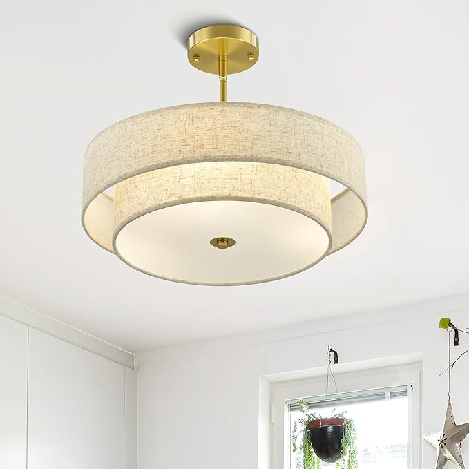 VONLUCE Modern Chandeliers, 18" Drum Chandeliers with 2-Layer Fabric Shade, 4-Light Pendant Light Fixture with E26 Bases, Light Fixture for Dining Room Bedroom Living Room, Linen Shade & Brass Finish