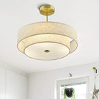 VONLUCE Modern Chandeliers, 18" Drum Chandeliers with 2-Layer Fabric Shade, 4-Light Pendant Light Fixture with E26 Bases, Light Fixture for Dining Room Bedroom Living Room, Linen Shade & Brass Finish