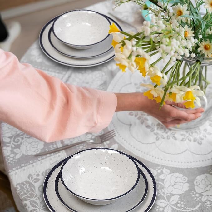12-Piece Melamine Dinnerware Set for 4 - Retro Speckled Pattern Plates & Bowls, Lightweight & Scratch Resistant, Indoor/Outdoor Use