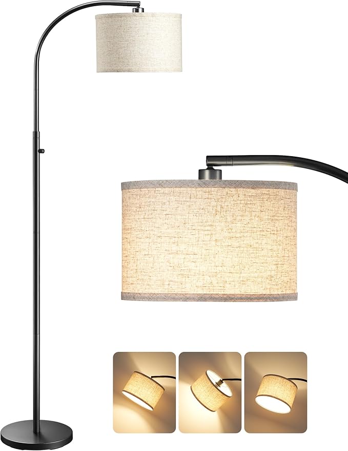 EDISHINE Black Arc Floor Lamp Dimmable, Standing Lights with Rotary Switch & Adjustable Line Lampshade, Tall Standing Lamp for Bedroom, Office, Reading Corner, A19 LED Bulb Included