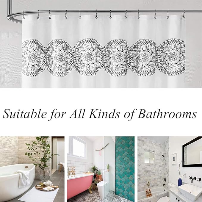 Jubilantex White Embroidered Shower Curtain for Bathroom, Black and White Boho Farmhouse Floral Decorative Waterproof Rustic Style Water Resistant Bath Room Curtain Fabric for Spa Hotel, 70x72 Inches