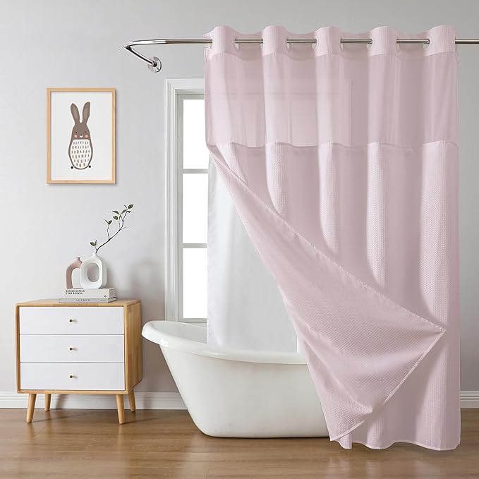 BlushPink Extra Long No Hook Waffle Weave Shower Curtain with snap-in Liner Replacement, 230GSM Waterproof Fabric Hotel Shower Curtain Set for Bathroom, Through Mesh Top Window,71Wx86H