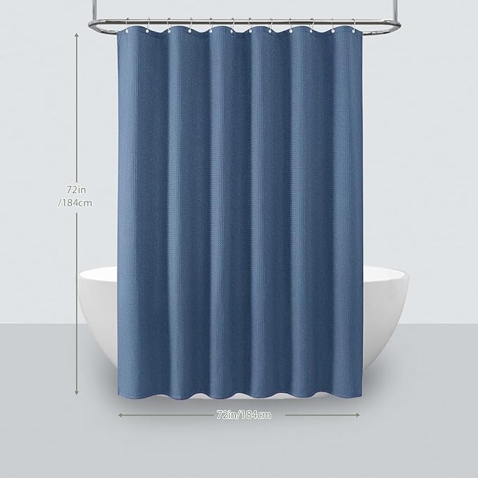 Inhousolu Fabric Shower Curtain Waffle Weave, Moonlight Blue 230 GSM Heavy Duty, Weighted Hem, 14 Metal Hooks, Water Repellent, Machine Washable, Hotel Spa Luxury Bath Curtain Set, 72 x 72 Inch