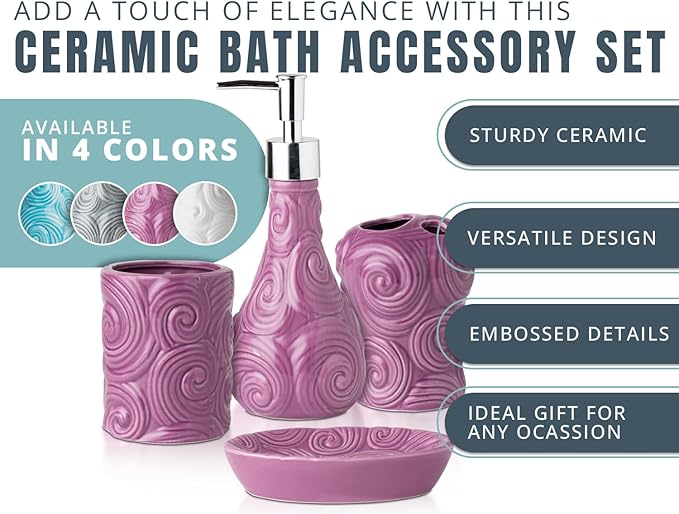 Comfify Designer 4 Piece Bathroom Accessories Set - with Soap or Lotion Dispenser, Toothbrush Holder, Tumbler and Soap Dish - Glossy Finish - Purple