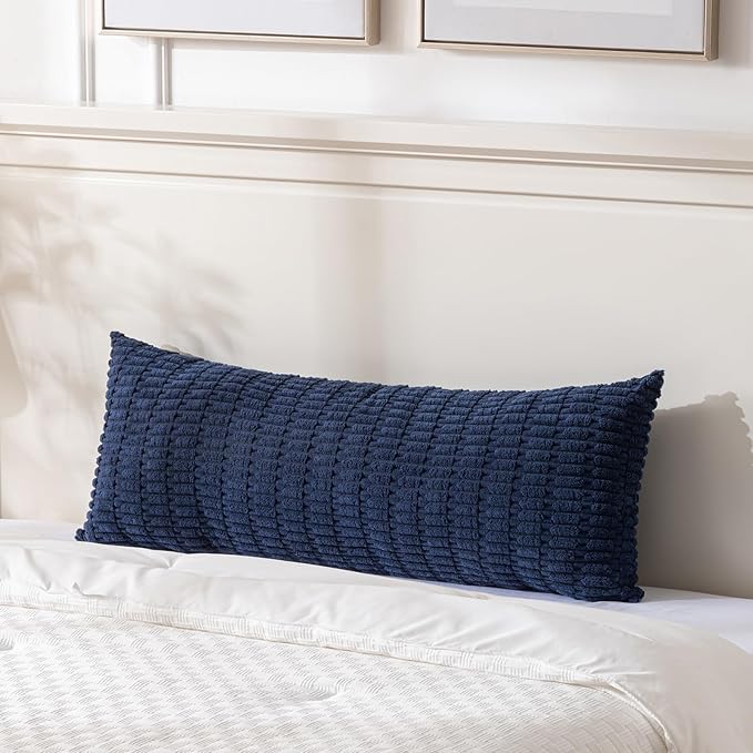Fancy Homi Navy Blue Long Body Lumbar Decorative Throw Pillow Covers 20x54 Inch for Bed Couch Bedroom Bench, Soft Corduroy Rectangle Solid Pillow Case, Rustic Farmhouse Boho Room Decor