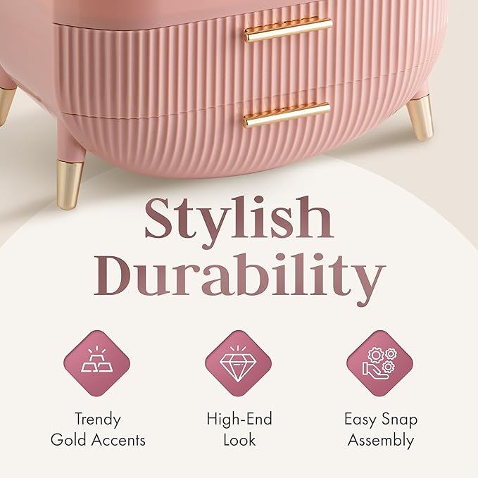Large Makeup Cosmetic Countertop - Cosmetic Organizer - Vanity, Bathroom Storage for Skin Care Organizer - Space-Saving Design with Drawers - Open-Top, Gold Accents, Portable Side Handles (Pink)
