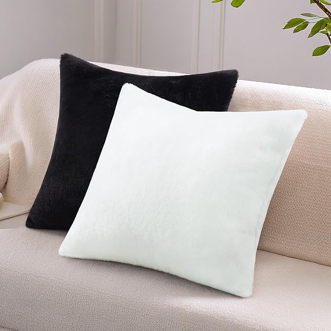 Pallene Faux Fur Plush Lumbar Throw Pillow Covers 12x20 Set of 2, Luxury Soft Fluffy Cozy Decorative Pillow Covers for Sofa, Couch, Living Room, Black