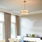 DAYCENT Modern Gold Pendant Light 3-Light Drum Shade Chandelier 16-Inch Brass Pendant Lighting with Drum Fabric Shade Hanging Light Fixture for Dining Room Living Room, Adjustable Height
